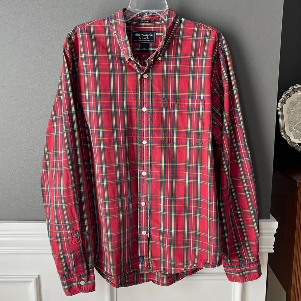 Abercrombie & Fitch Red Tartan Plaid Button Down Shirt XL Muscle Fit Preppy